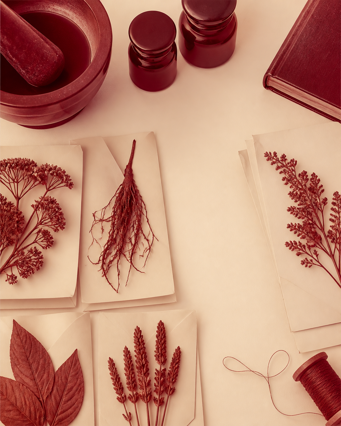 Table d’herboriste crème et oxblood avec spécimens botaniques, mortier et flacons