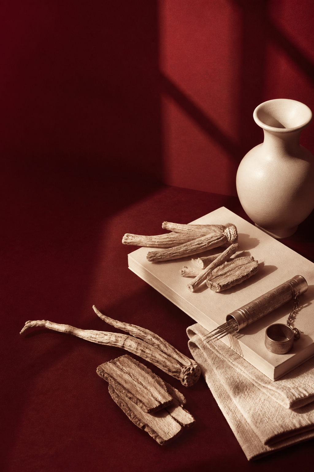 Nature morte éditoriale crème et oxblood avec racines médicinales, céramique et outils d’acupuncture