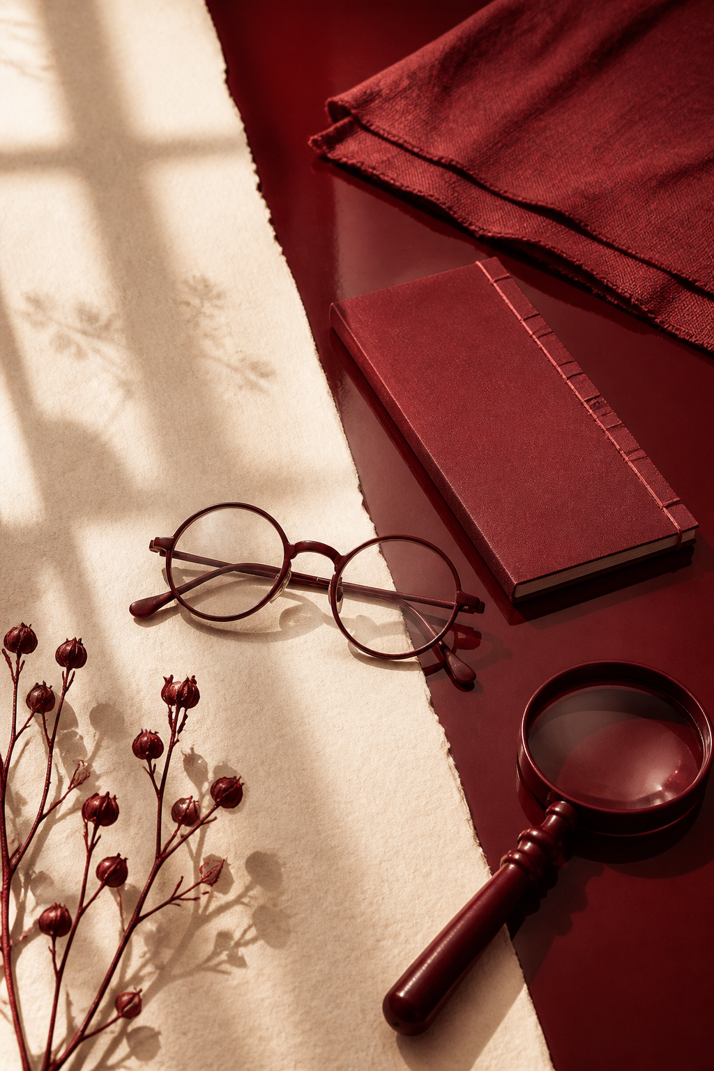 Nature morte crème et oxblood avec lunettes rondes, loupe, carnet et plantes médicinales